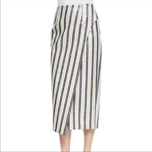 O’2nd Cream and Blue Striped Scissor Hem Midi-Skirt